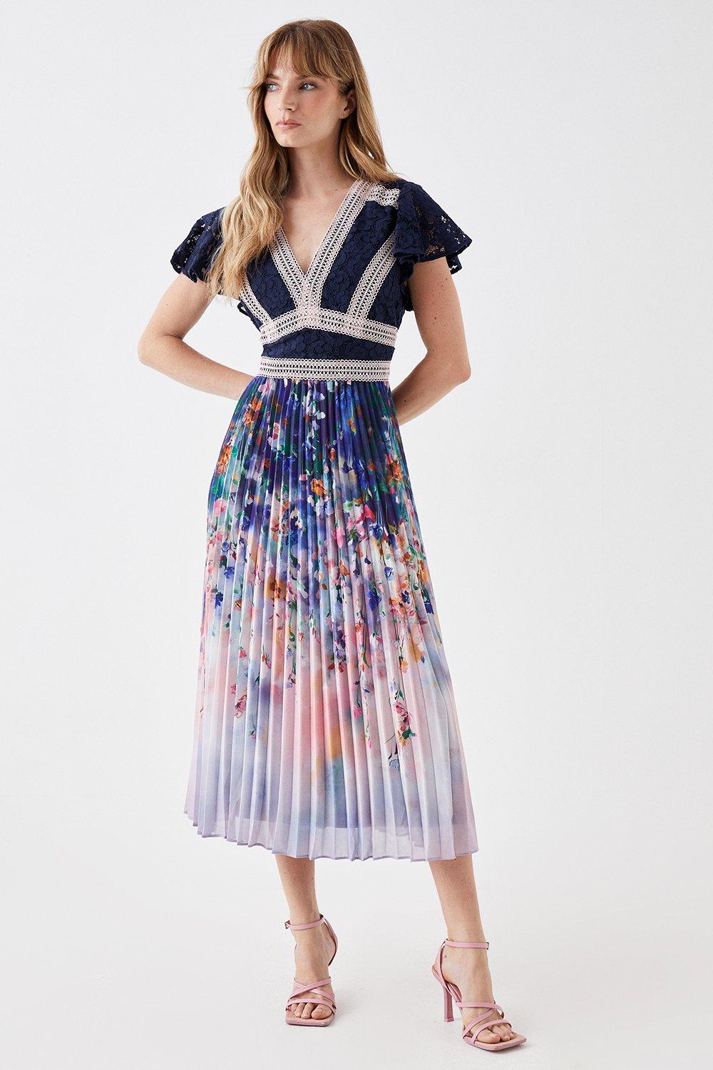 Lace Top Pleated Skirt Midi Dress - Navy