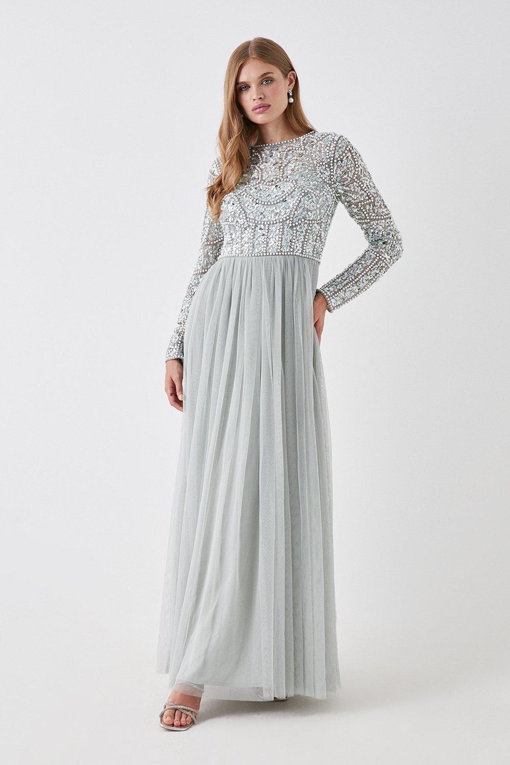 Floral Pearl Long Sleeve Two In One Bridesmaids Dress - Sage
