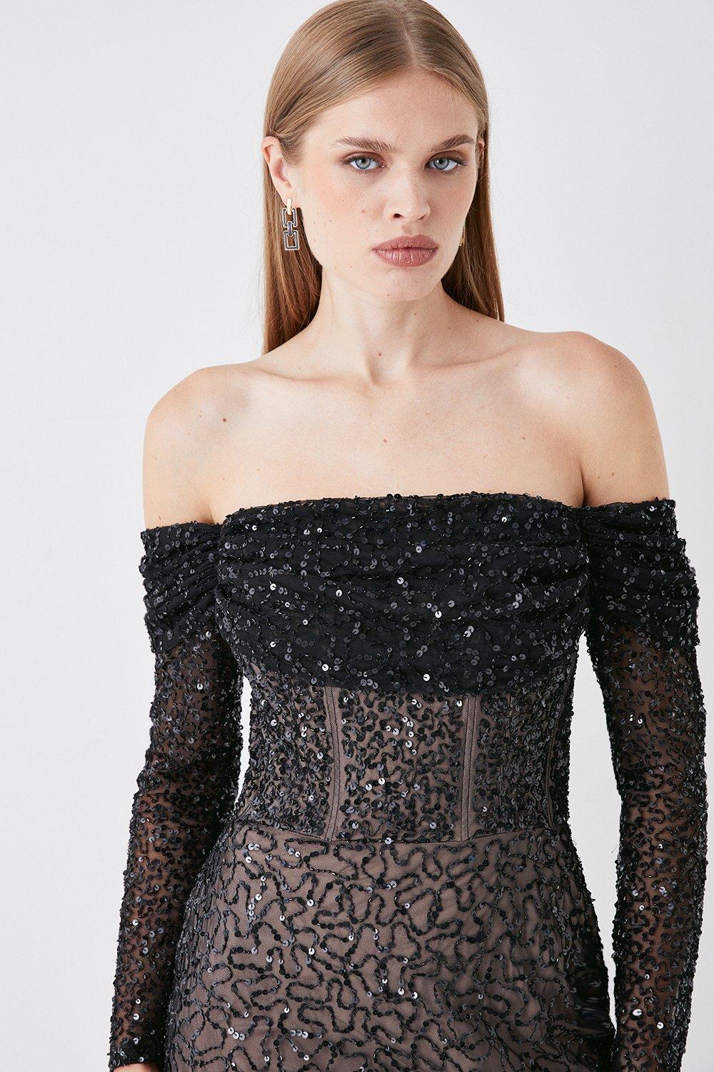 Buy Lipsy Black Sequin Bardot Split Drape Maxi Dress from Next Canada