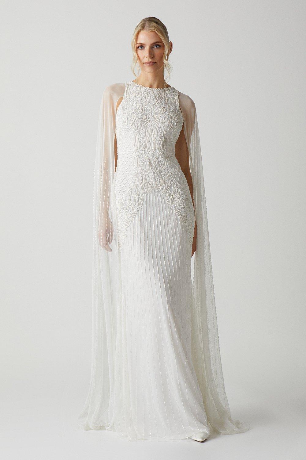 Premium Embellished Wedding Dress With Cape Sleeves - Ivory