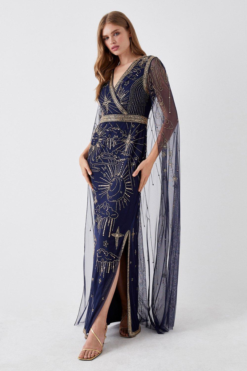 Mesh Cape Back Maxi Dress With Embellishment - Navy