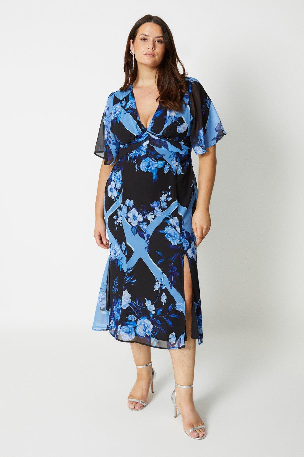 Plus Size Printed Tie Front Flippy Skirt Midi Dress - Blue