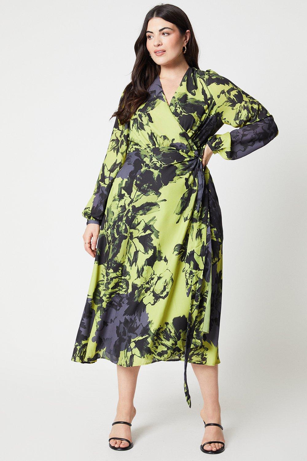 Plus Size Printed Long Sleeve Wrap Dress - Chartreuse