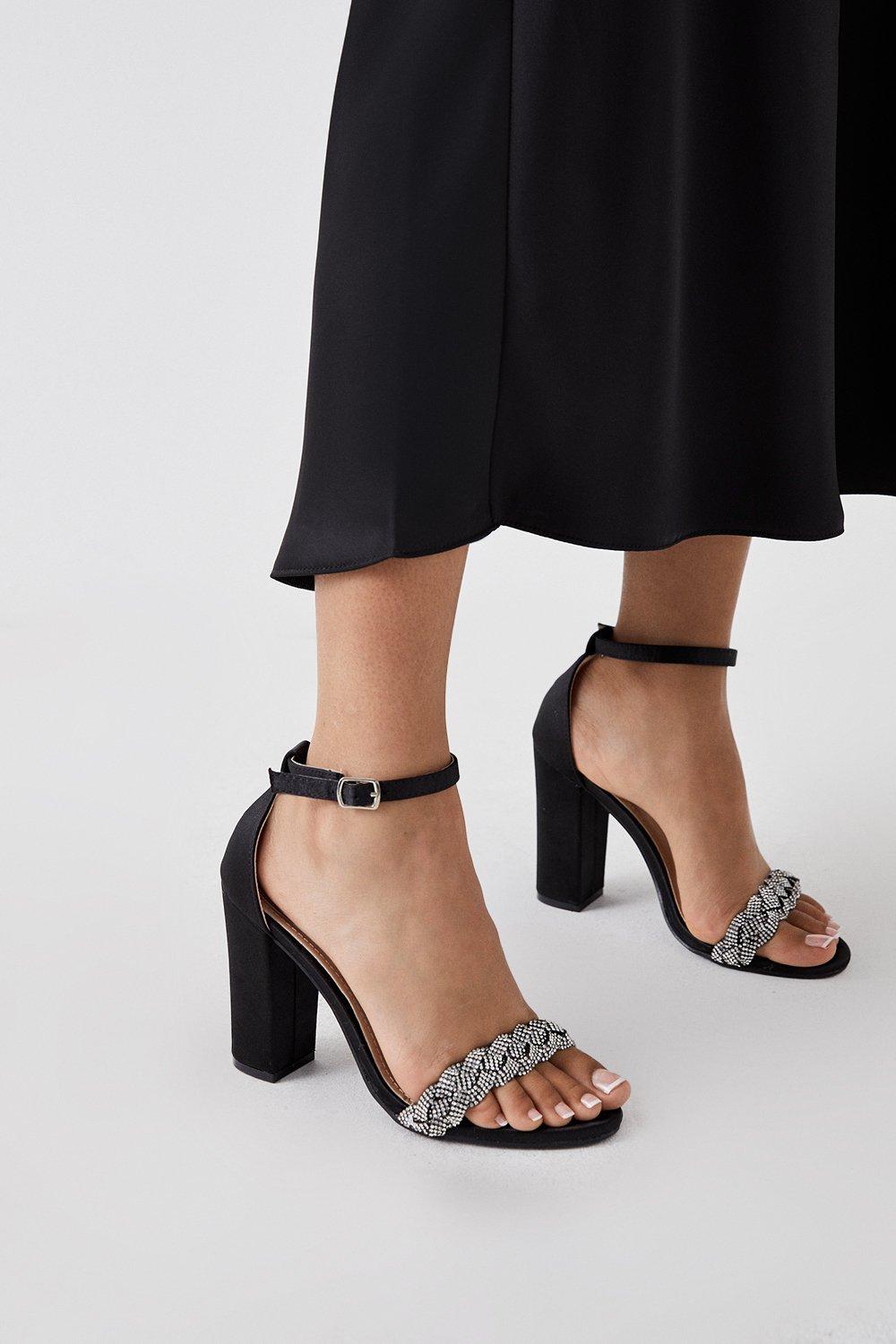 Tiffany Satin Diamante Twist Front High Block Heeled Sandals - Black