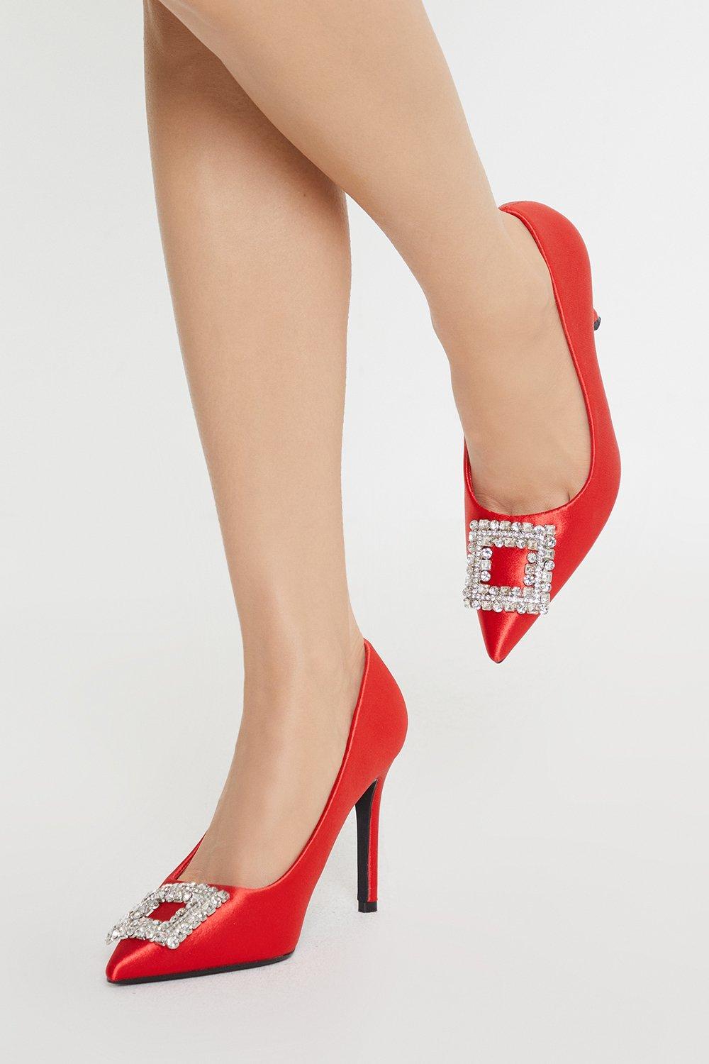 Thea Satin Diamante Brooch Pointed High Heel Court Shoes - Red