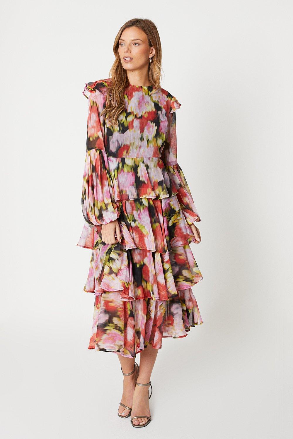 Printed Tiered Skirt Long Sleeve Midi Dress - Pink