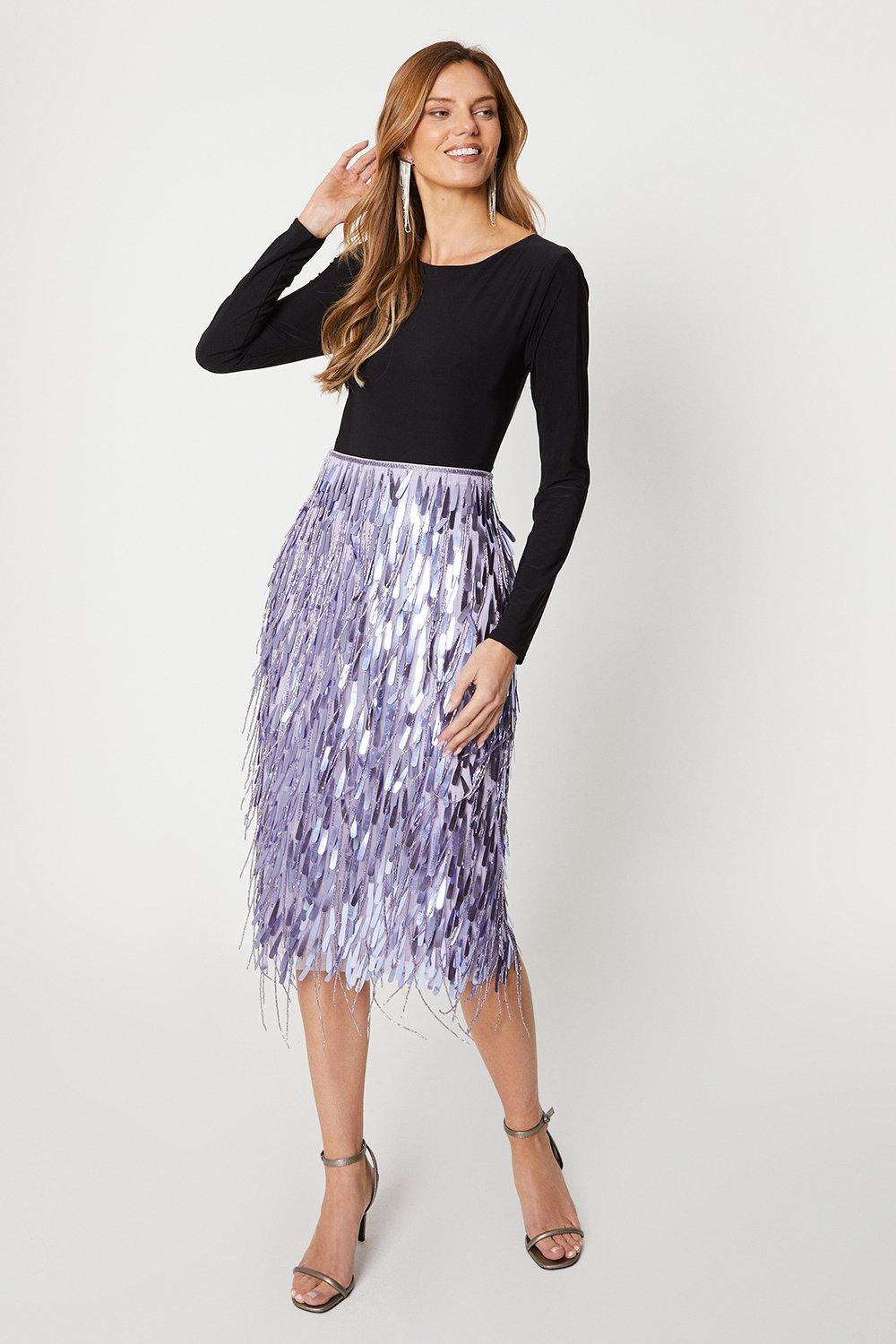 Fringe Sequin Midi Skirt - Purple