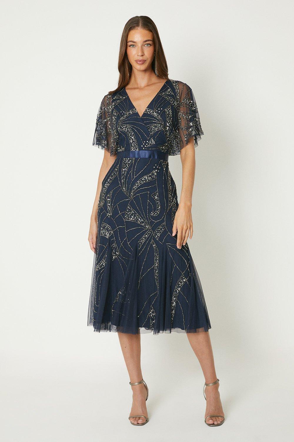 Dresses Beaded Mesh Midi Dress With Flutter Sleeve Coast