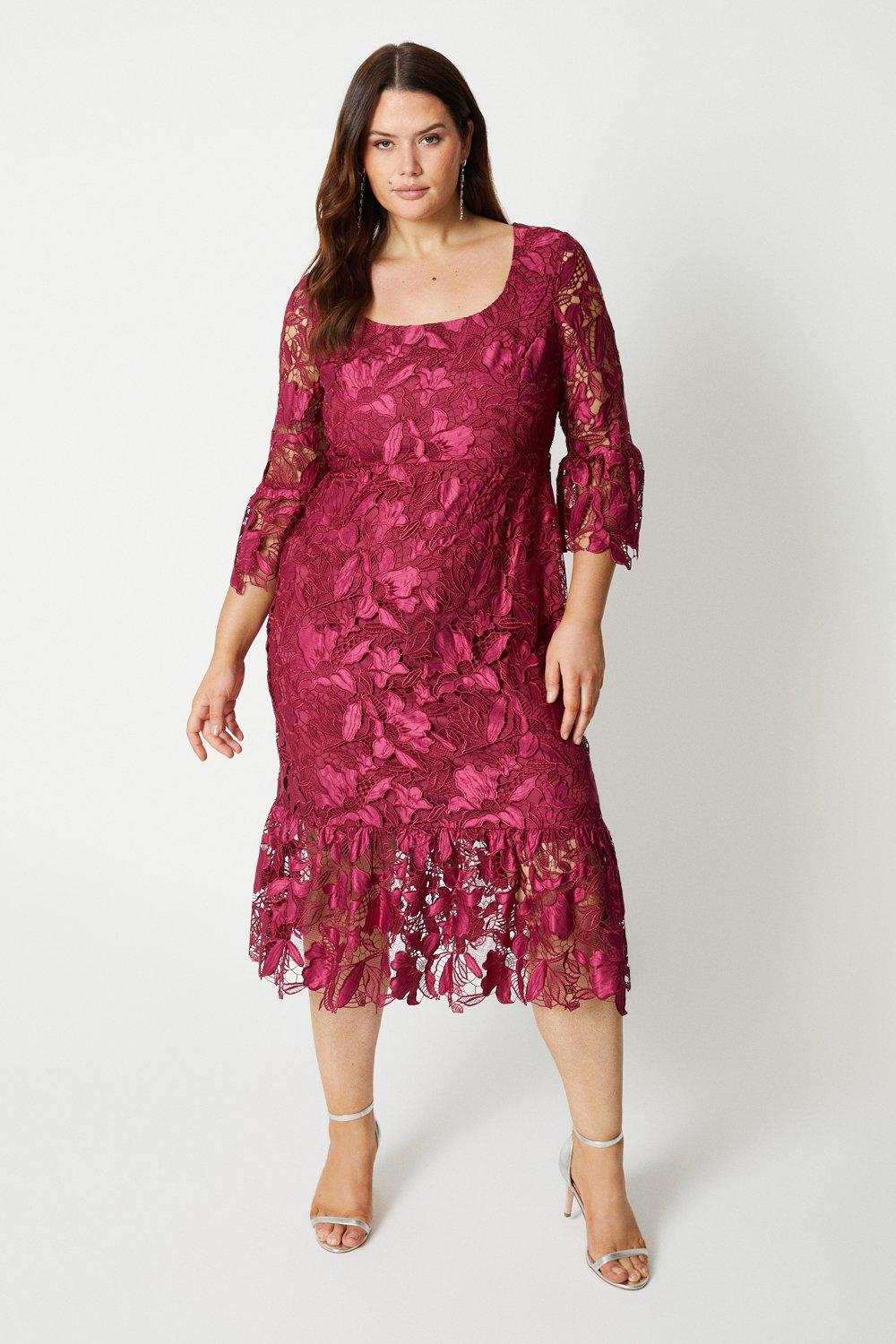 Plus Satin Lace Long Sleeve Midi Dress - Red