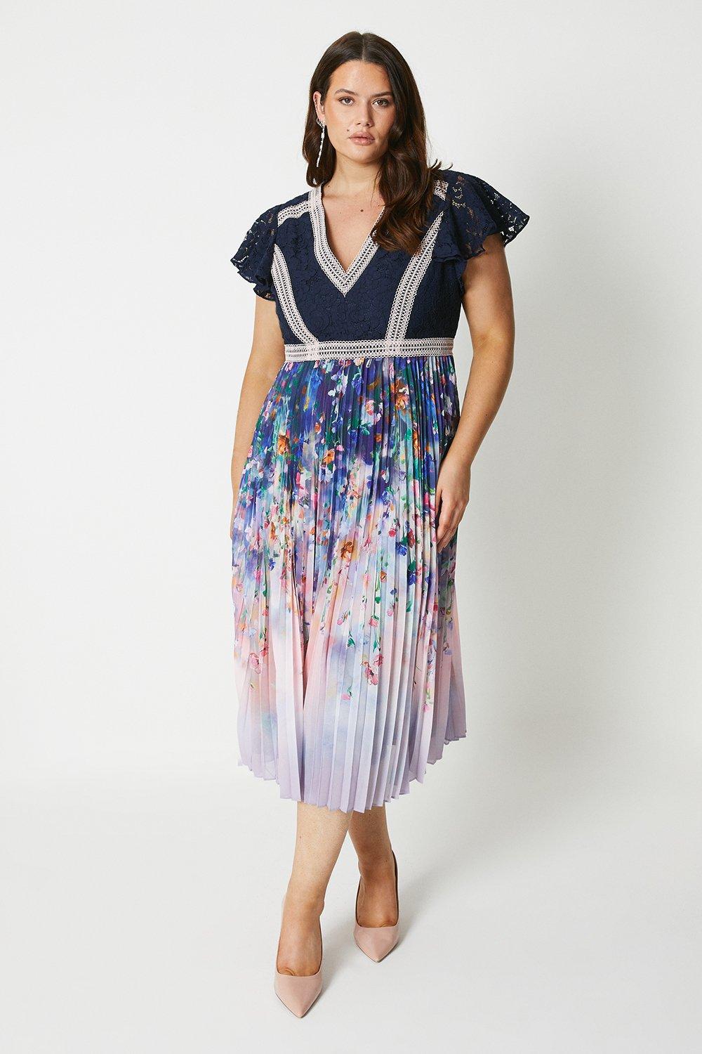 Plus Lace Top Pleated Skirt Midi Dress - Navy