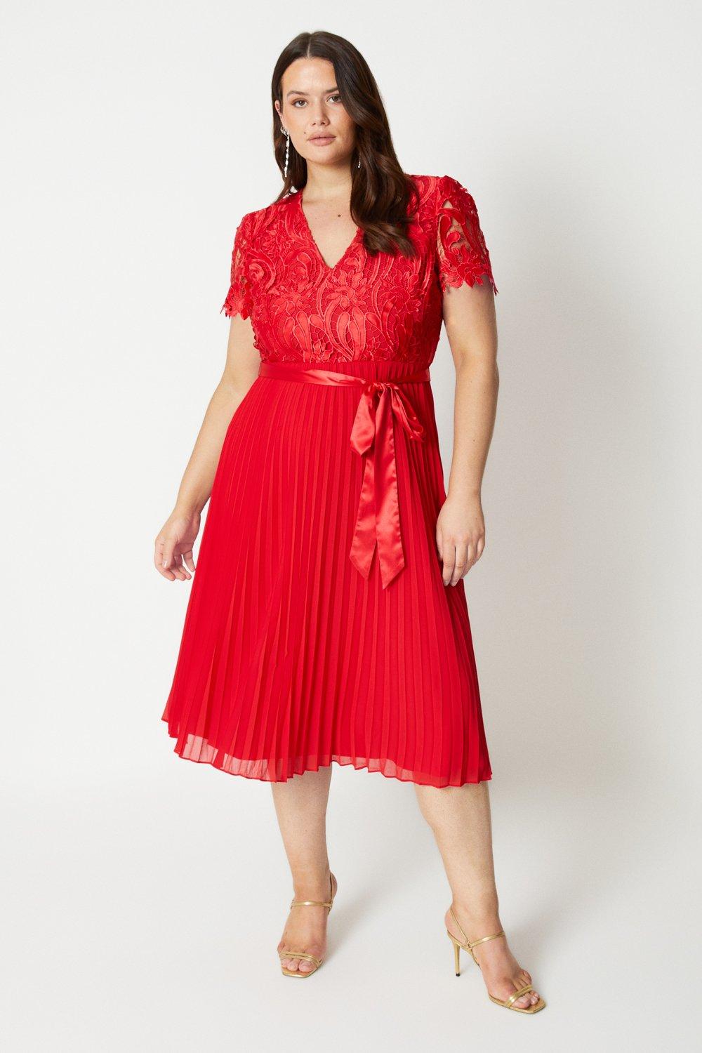 Plus Premium Floral Satin Lace Pleat Skirt Midi Dress - Red