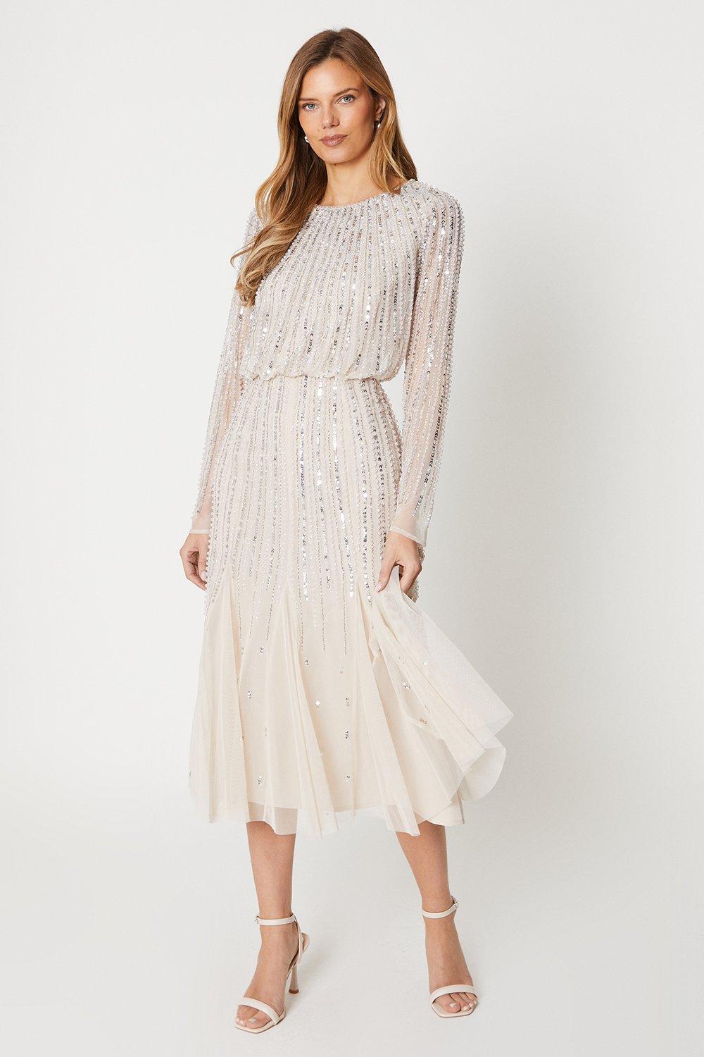 Linear Sequin Embellished Long Sleeve Midi Dress - Champagne