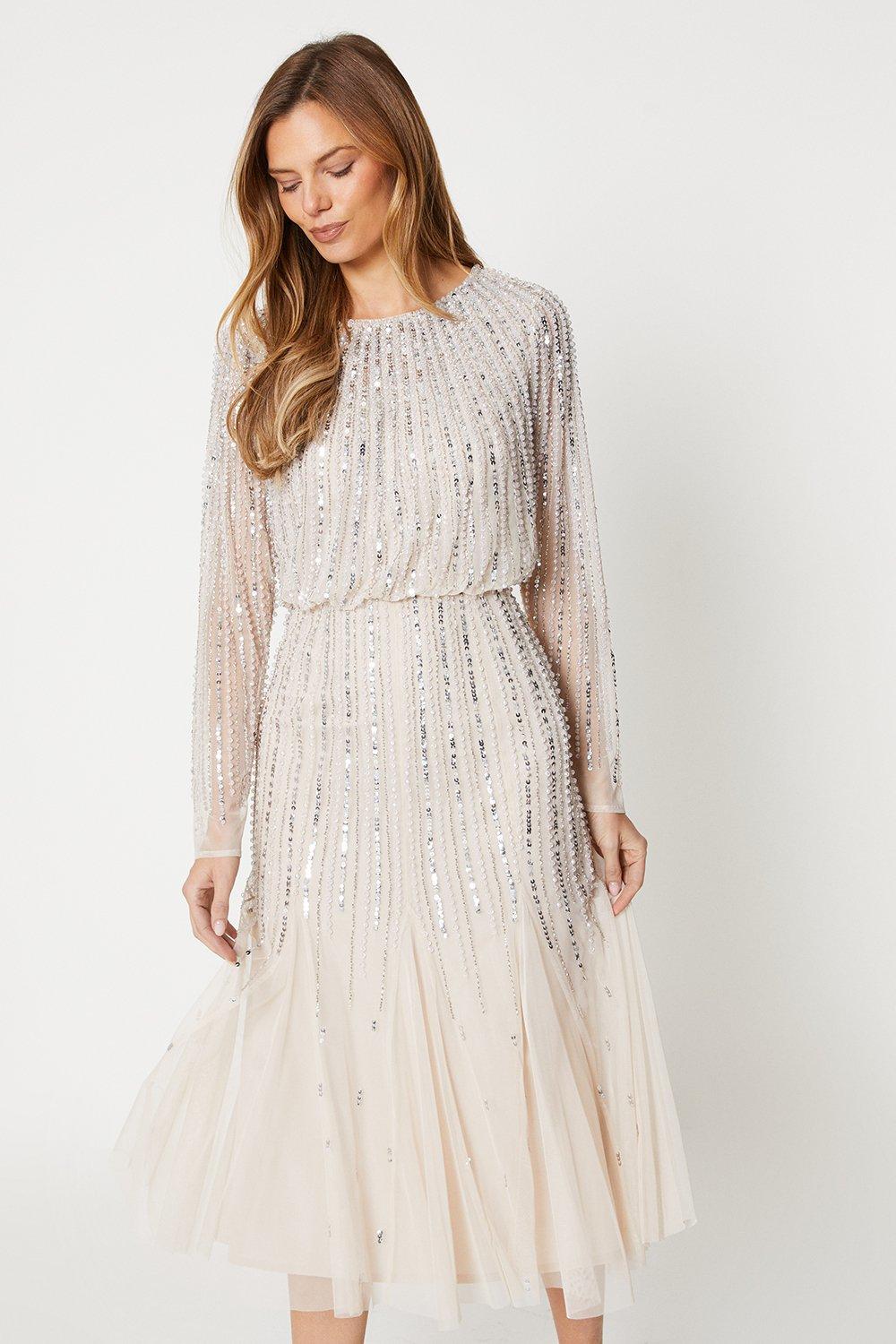 Long sleeve sparkly midi on sale dress