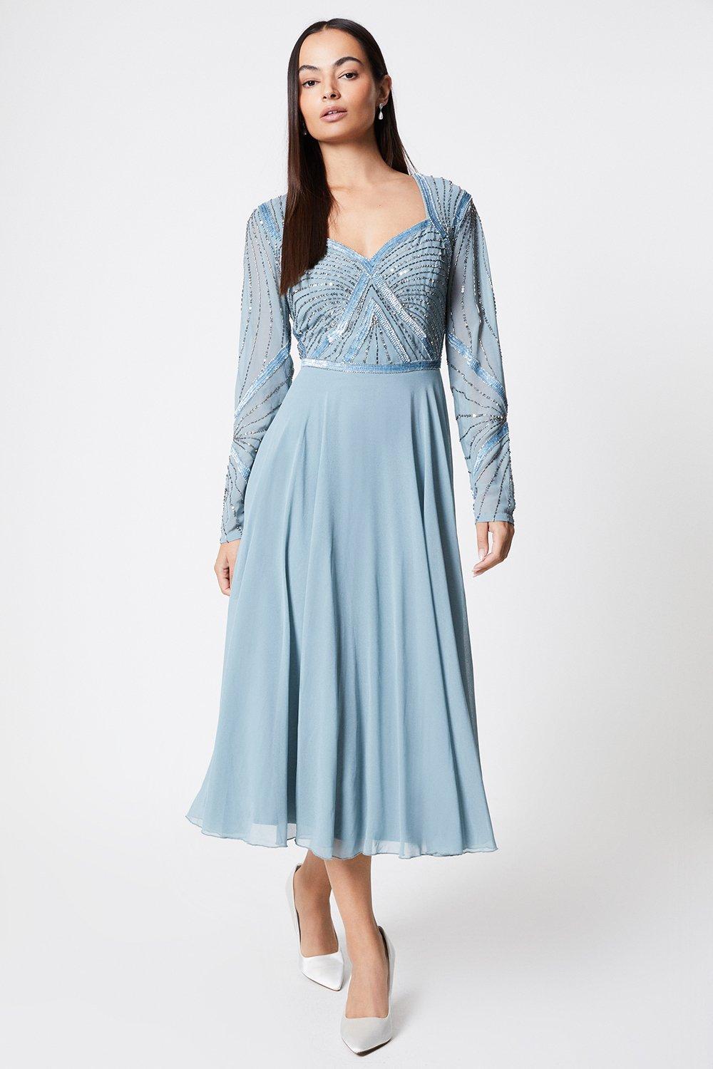 Long Sleeve Embellished Bodice Midi Dress - Dusty Blue