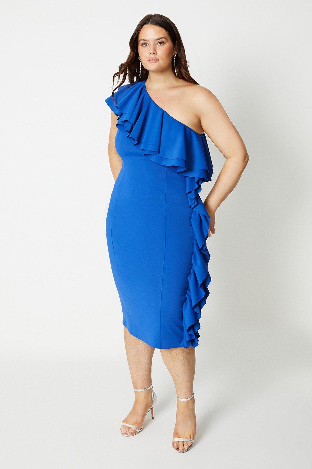 Plus Size Scuba Ruffle One Shoulder Pencil Dress - Blue