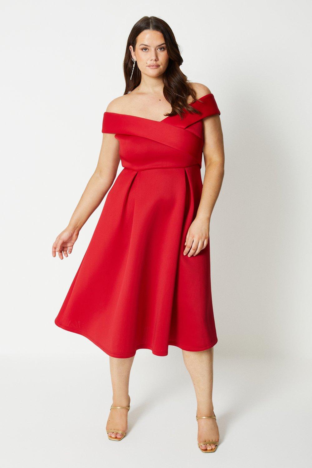 Plus Size Scuba Bardot Midi Dress - Red