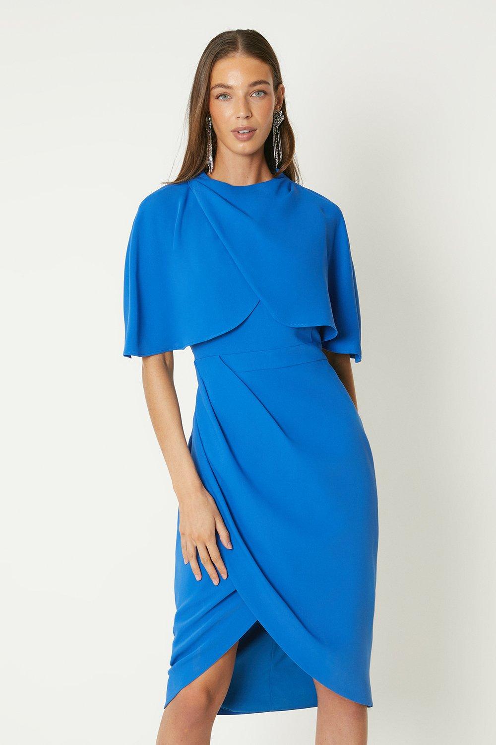 Tulip Cape Lightweight Crepe Midi Dress - Blue