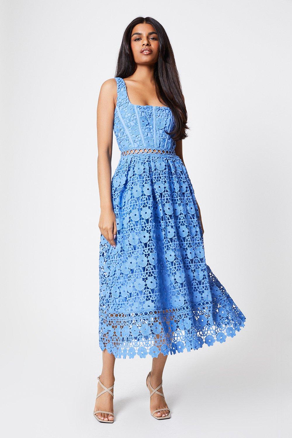 Petite Lace Dress With Square Neck - Blue