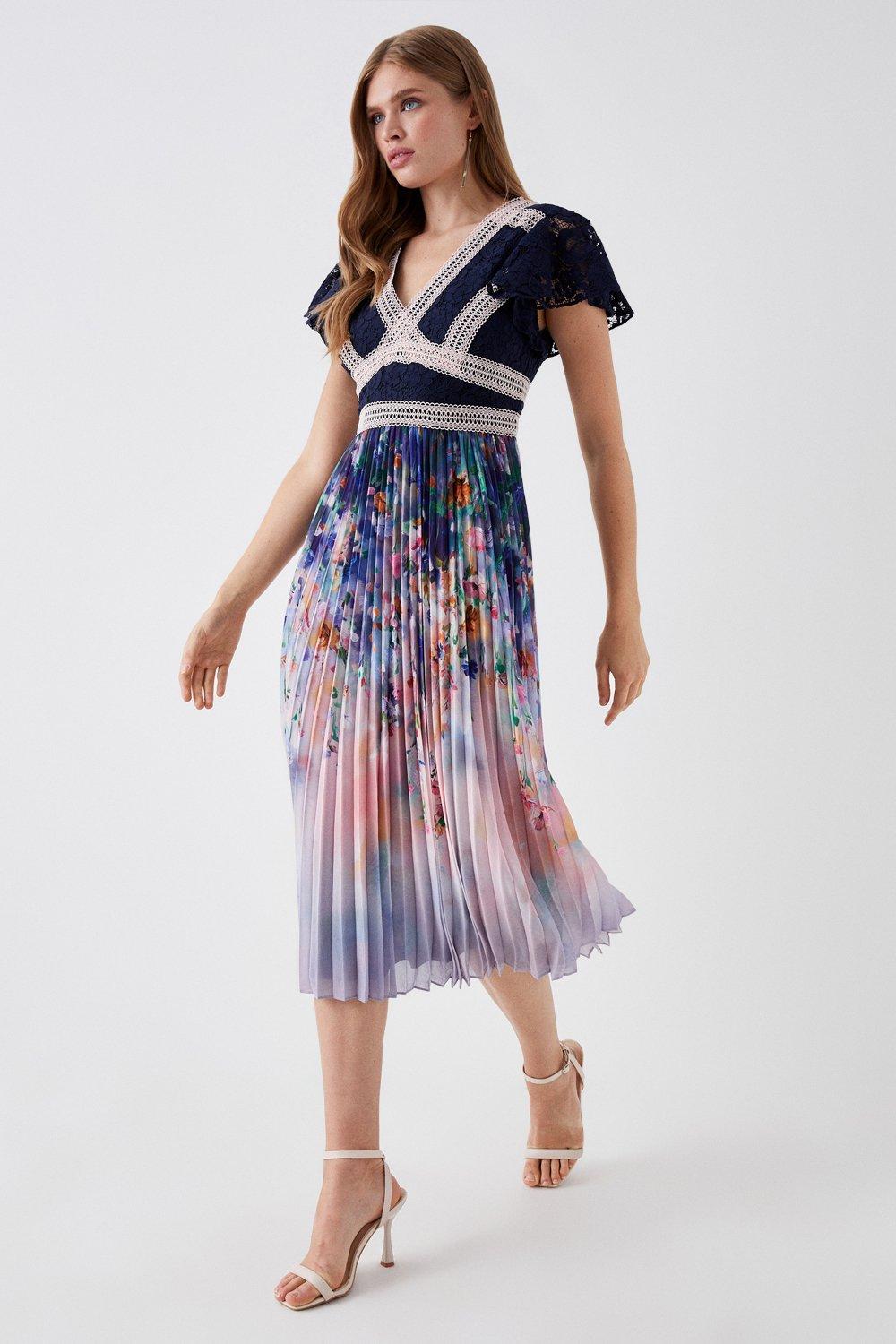 Petite Lace Top Pleated Skirt Midi Dress - Navy