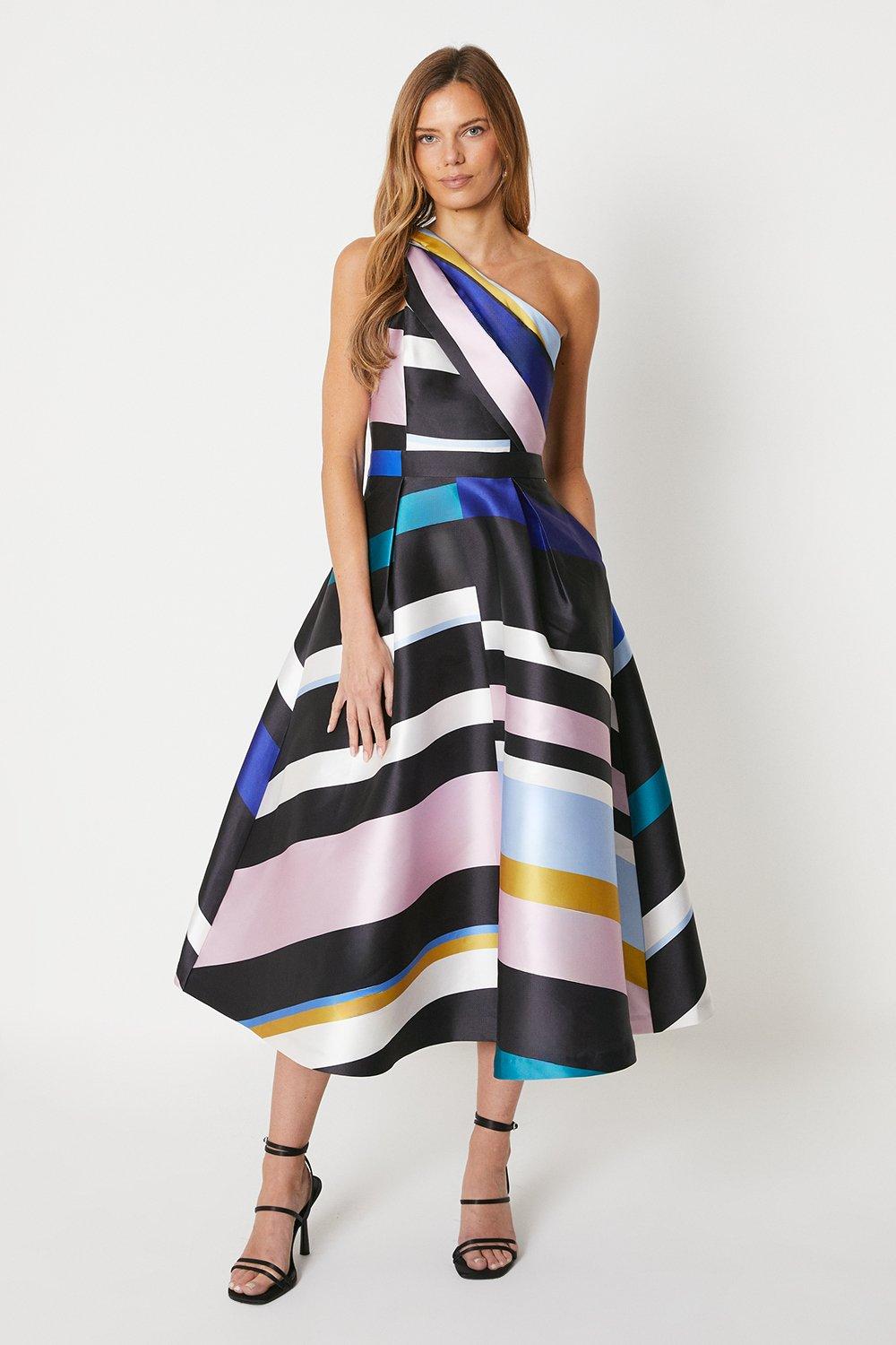 One Shoulder Twill Midi Dress In Stripe