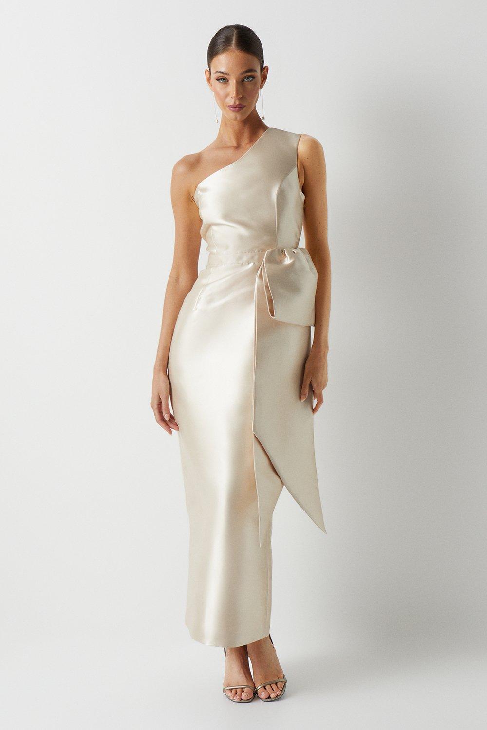Statement Bow One Shoulder Bridesmaids Dress - Champagne