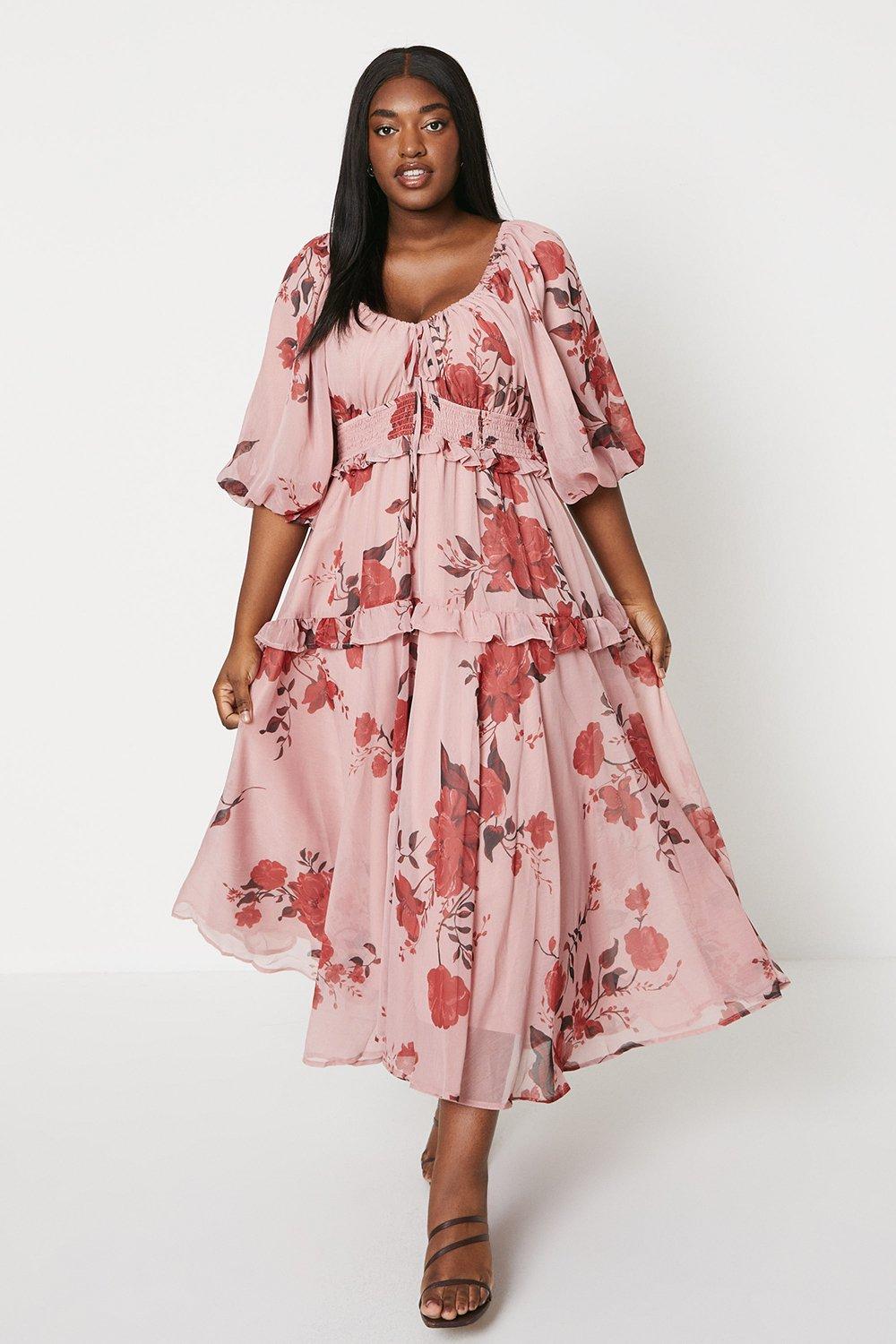 Plus Size Balloon Sleeve Midi Dress With Ruched Waist - Pink