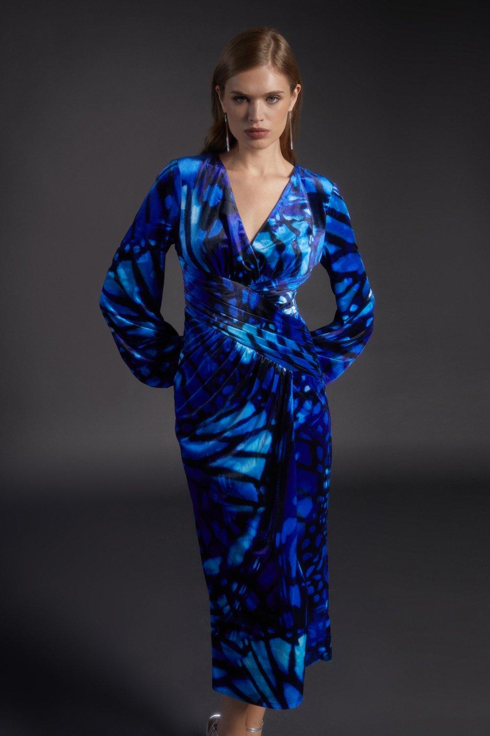 Julie Kuyath Printed Velvet Long Sleeve Midi Dress - Blue