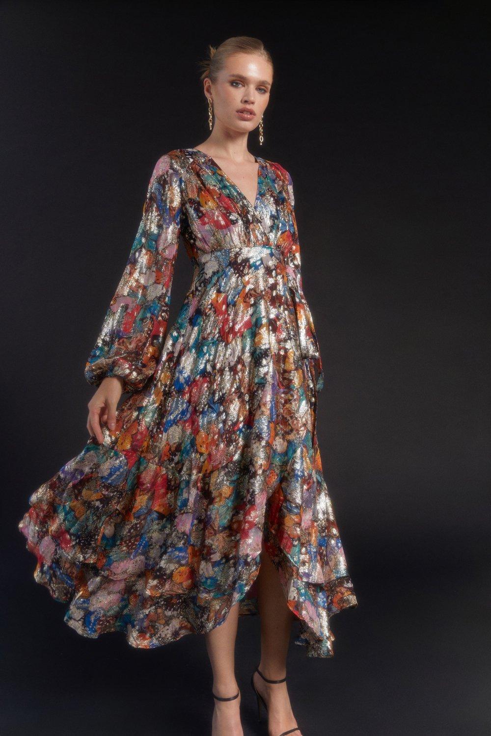 Julie Kuyath Metallic Long Sleeve Wrap Dress