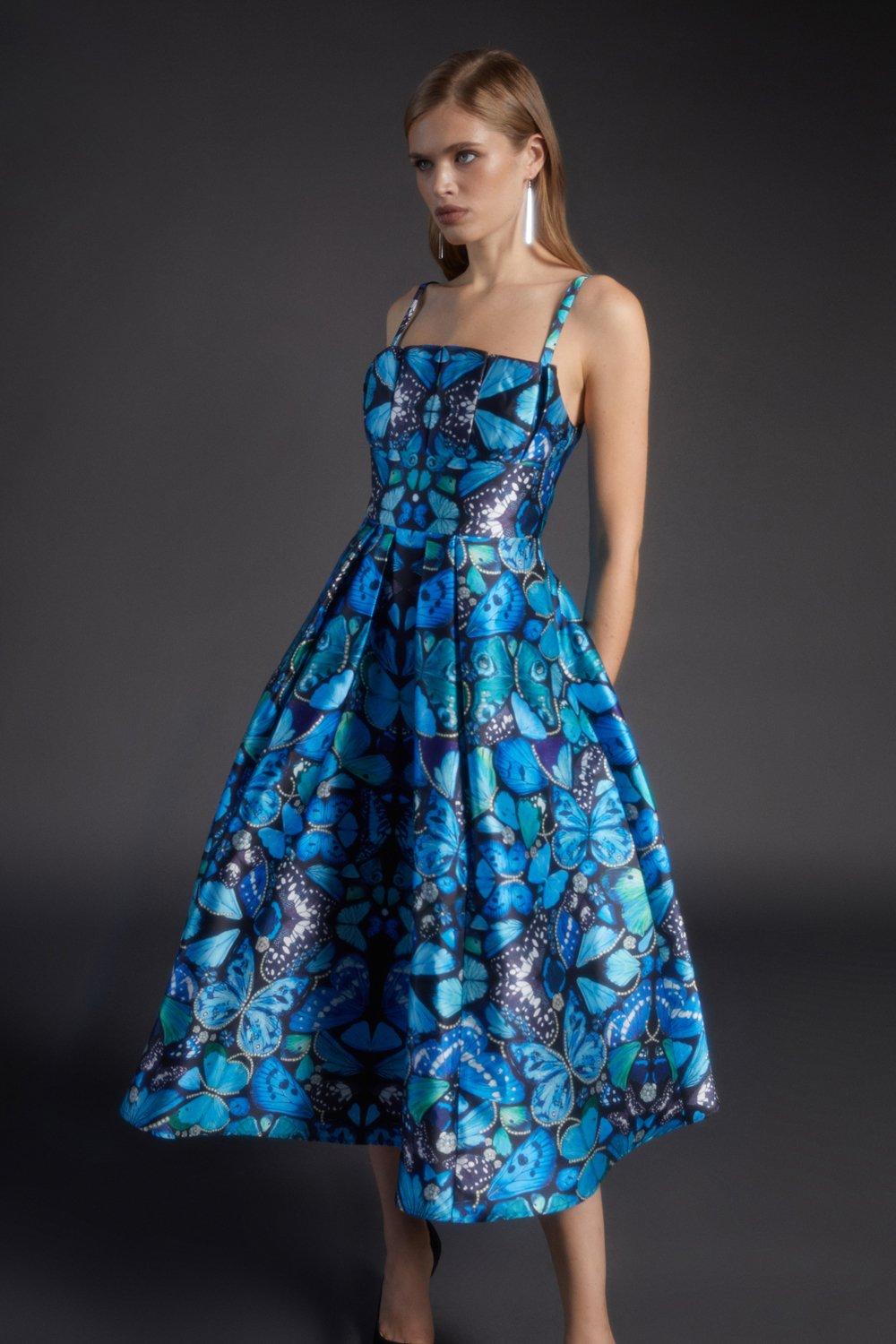 Julie Kuyath Printed Ruffle Bodice Twill Midi Dress - Blue