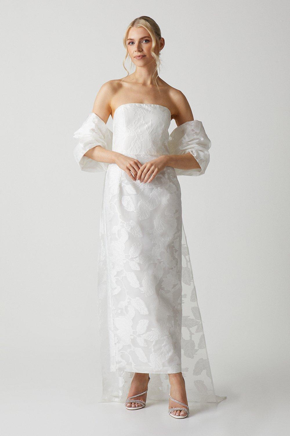 Removable Cape Jacquard Organza Wedding Dress - Ivory