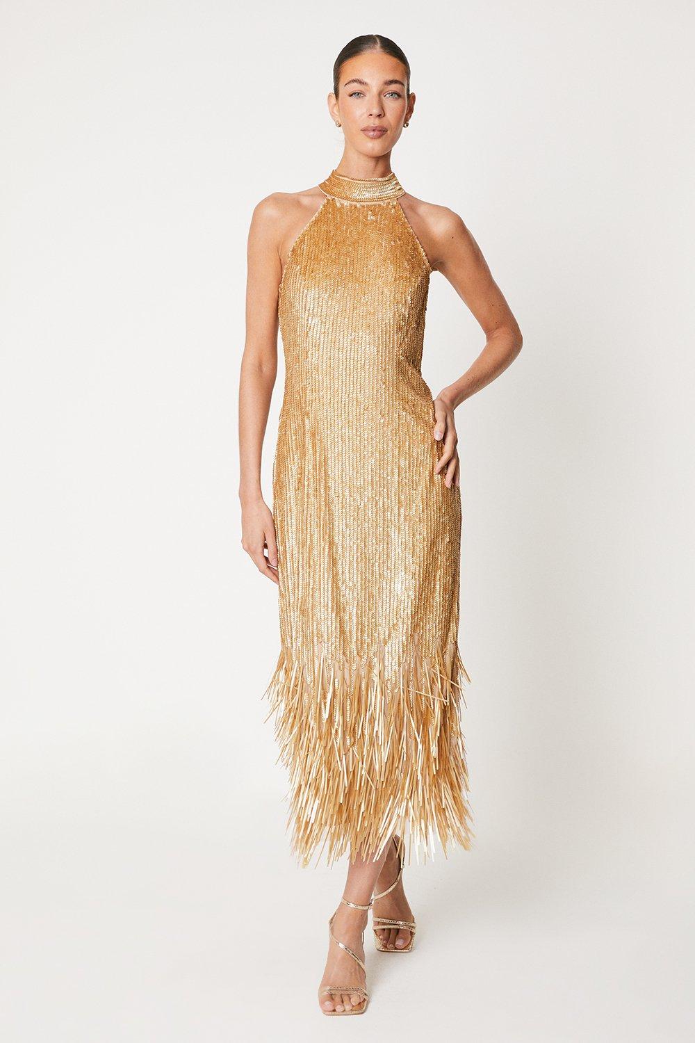 Fringe Sequin Halter Midi Dress - Gold