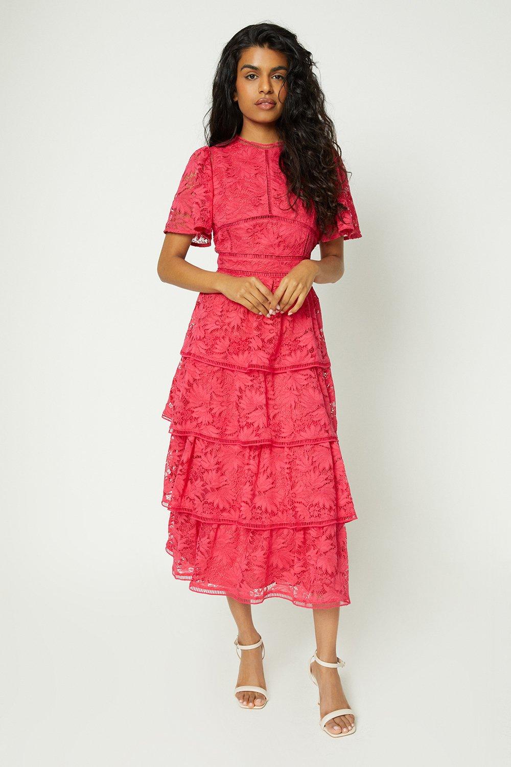 Petite Tiered Lace Dress With Flutter Sleeve & Trims - Pink