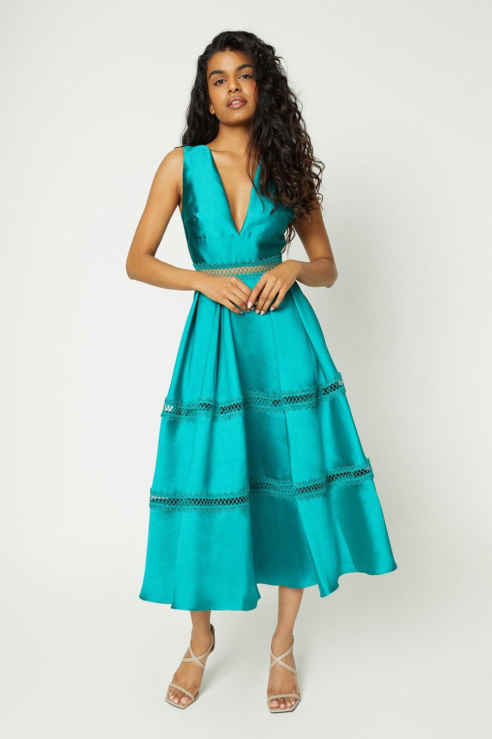 Petite Plunge Neck Twill Midi Dress With Lace Trims - Blue