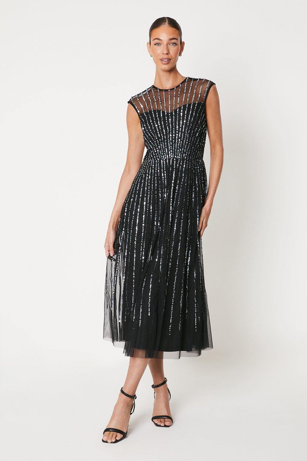 Liner Sequin Embellished Mesh Midi Dress - Black