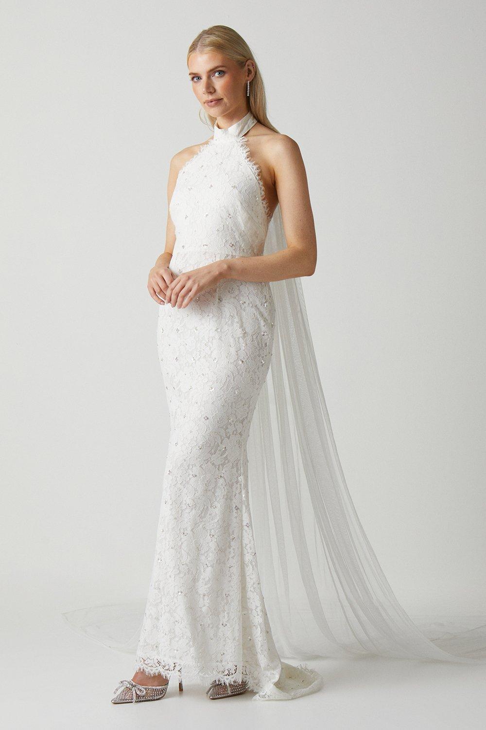 High Neck Embellished Lace Wedding Dress - Ivory
