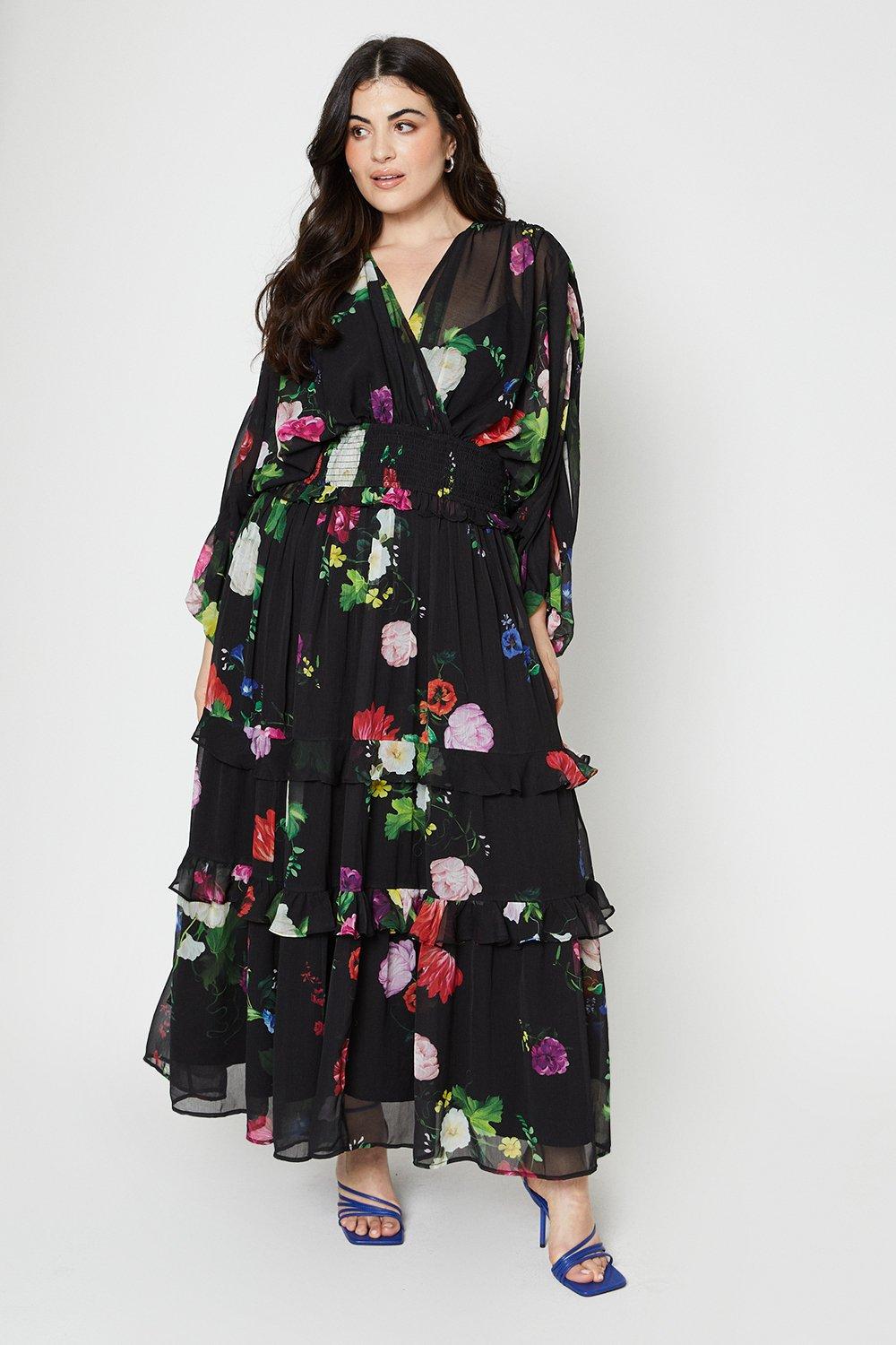 Plus Size Ruched Sleeve Tiered Maxi Dress - Black