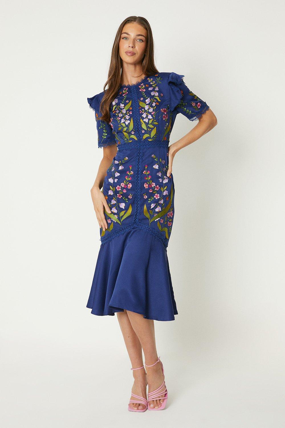 Embroidered Flute Hem Midi Dress With Lace Trim - Blue
