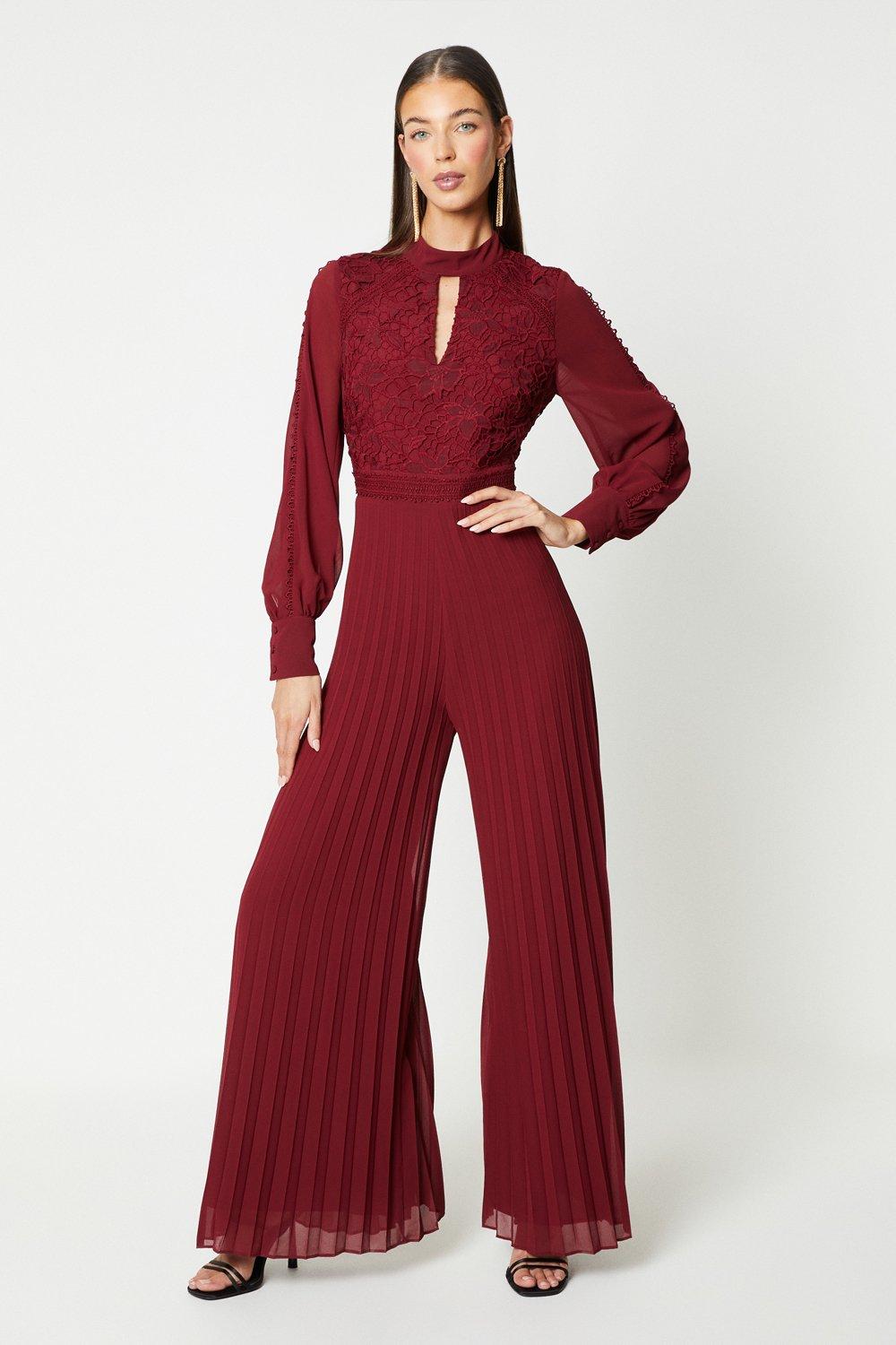 Lace Trim Blouson Sleeve Jumpsuit - Red