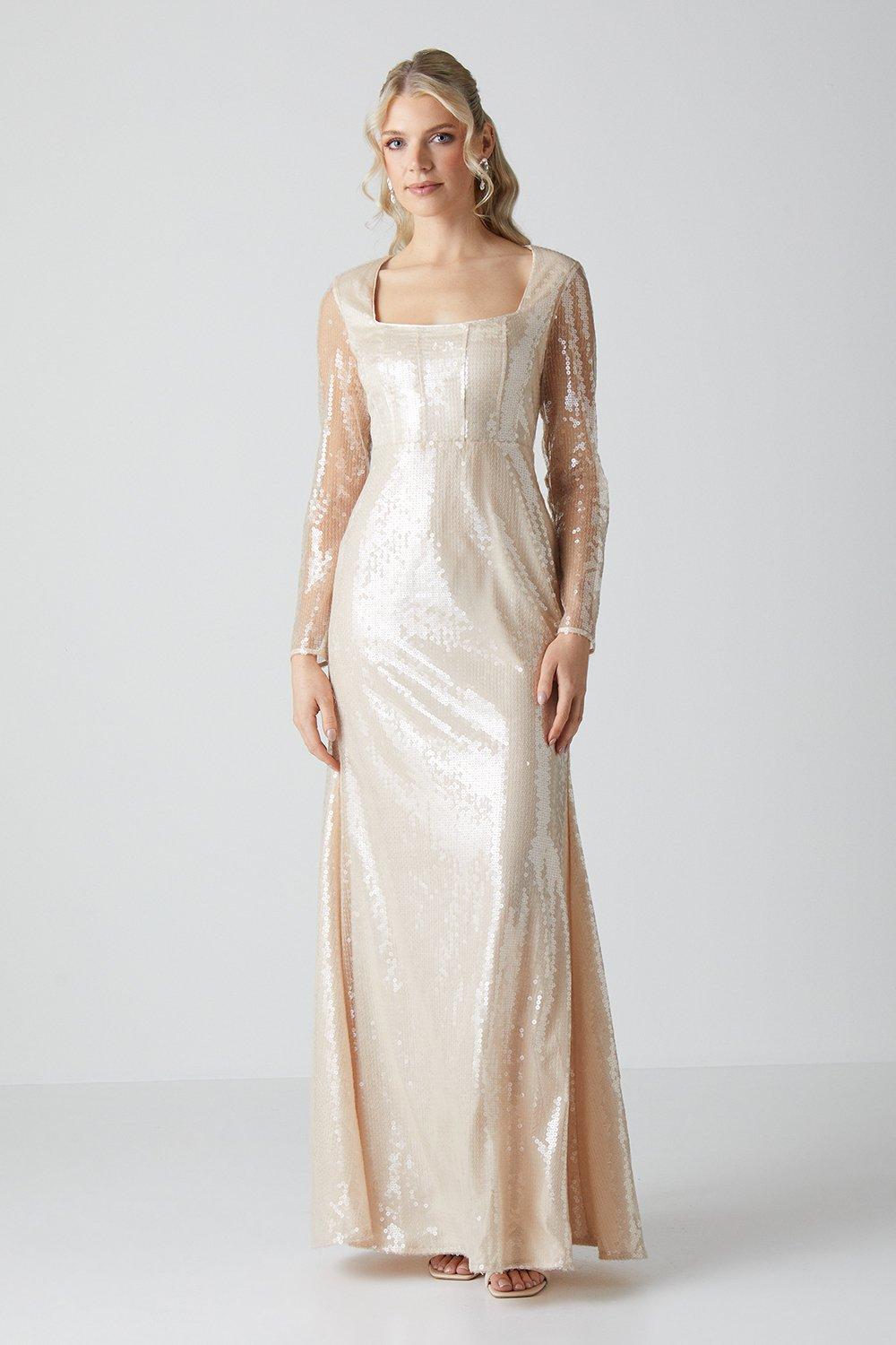 Glass Sequin Long Sleeve Wedding Dress - Clear