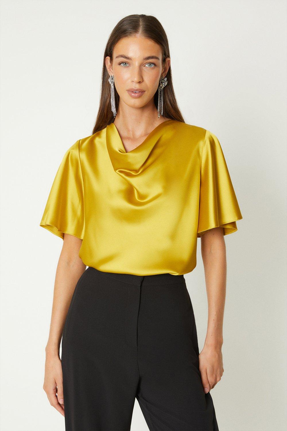 Flare Sleeve Cowl Neck Satin Top - Chartreuse