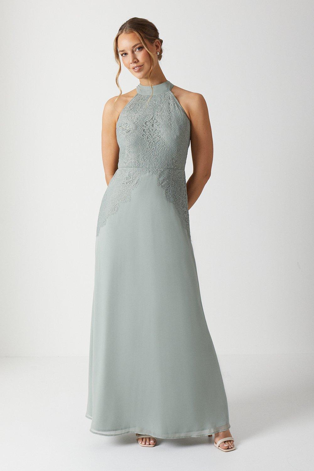 Halterneck Lace Insert Chiffon Bridesmaids Maxi Dress - Sage