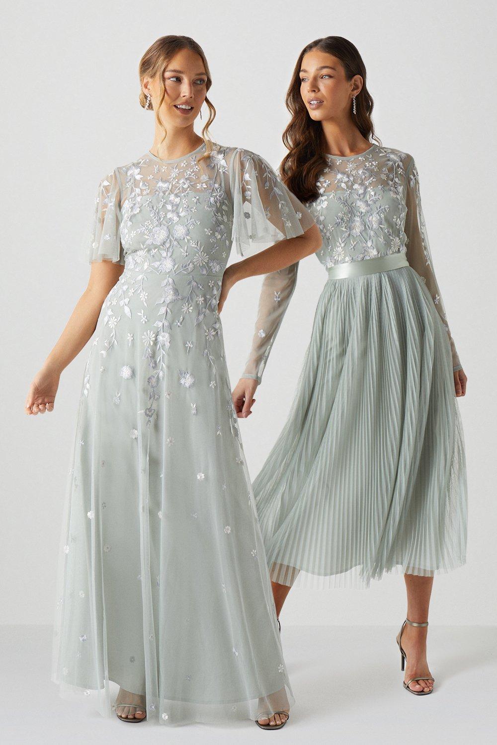 Embroidered Angel Sleeve Bridesmaids Maxi Dress - Sage
