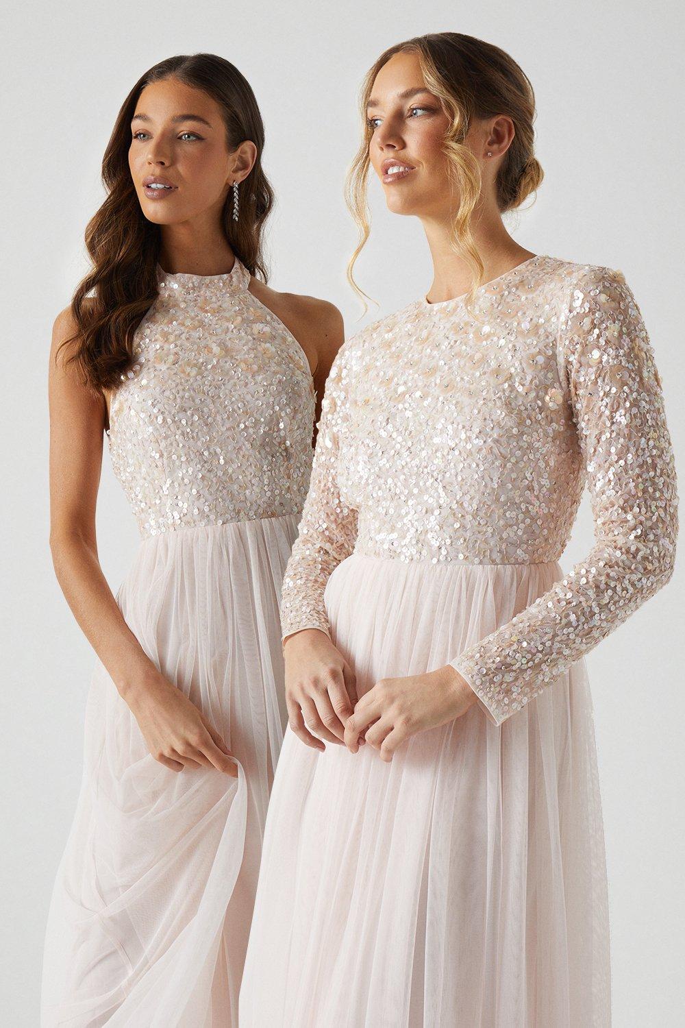 3d Floral Embellished Long Sleeve Bridesmaid Maxi Dress - Pink