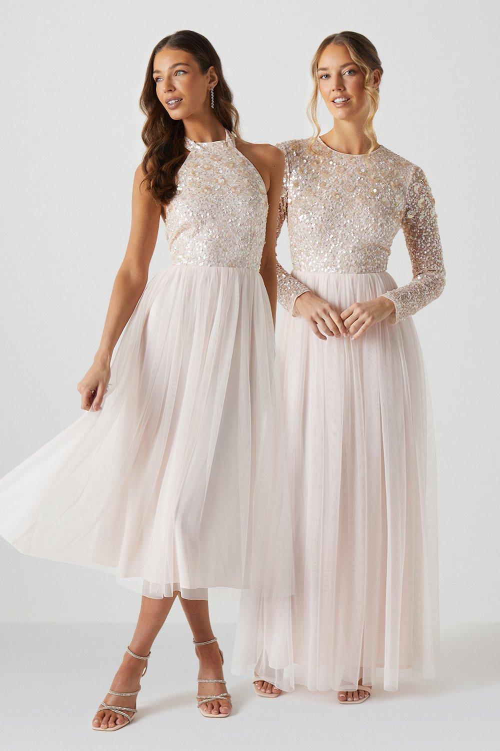 3d Floral Embellished Halterneck Bridesmaids Midi Dress - Pink
