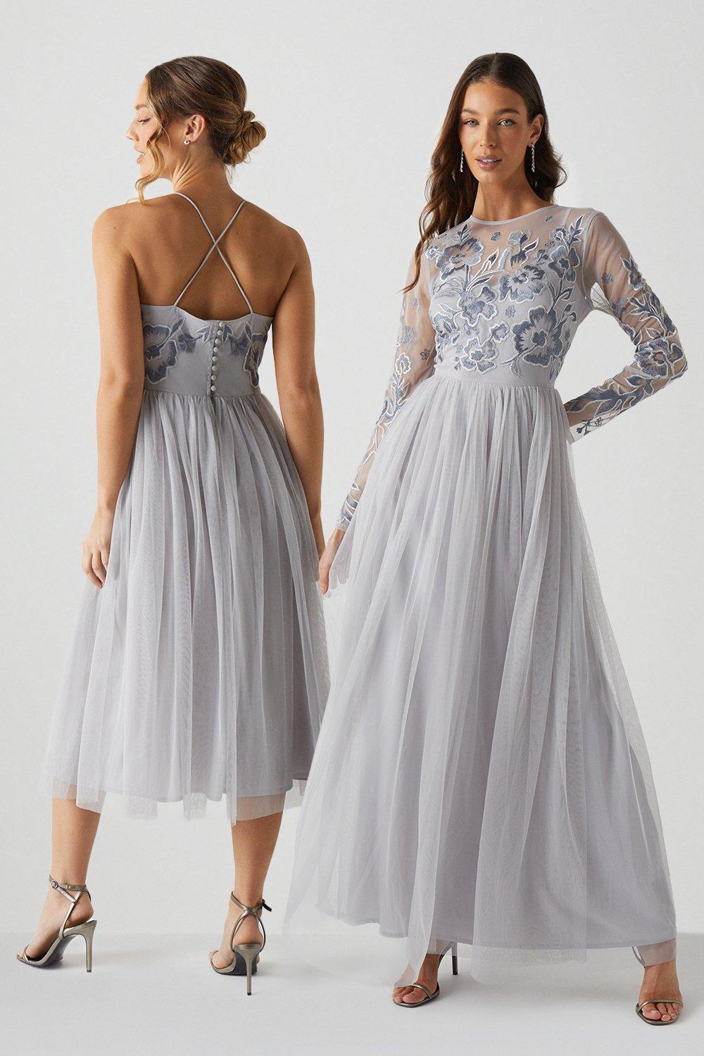 Floral Embroidered Bodice Long Sleeve Bridesmaids Maxi Dress - Grey Mist