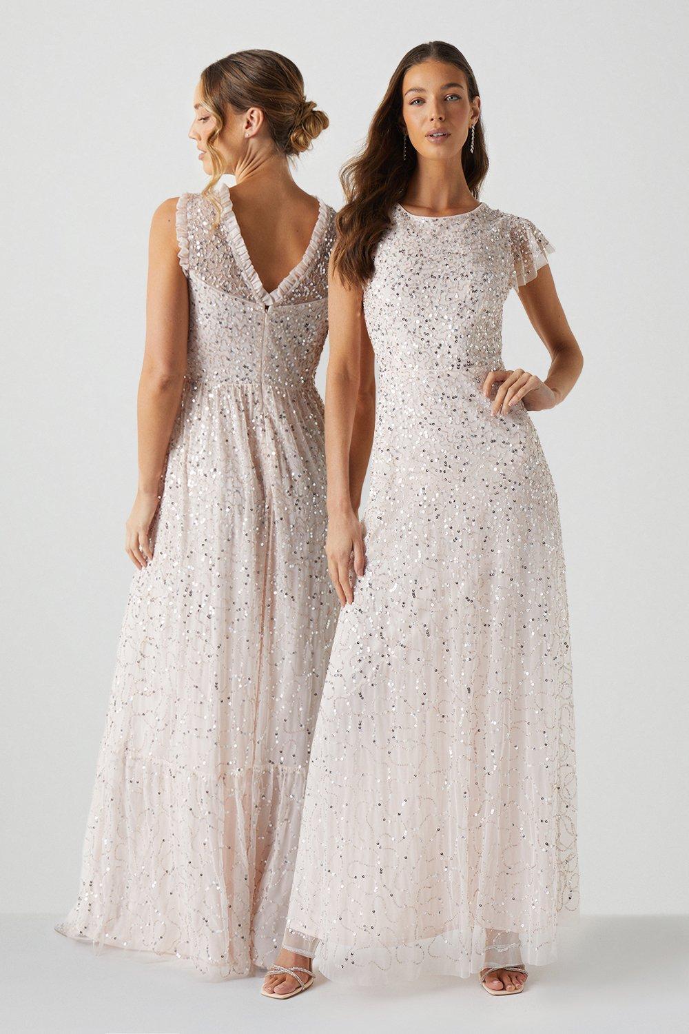 Angel Sleeve All Over Sequin Bridesmaids Maxi Dress - Pink