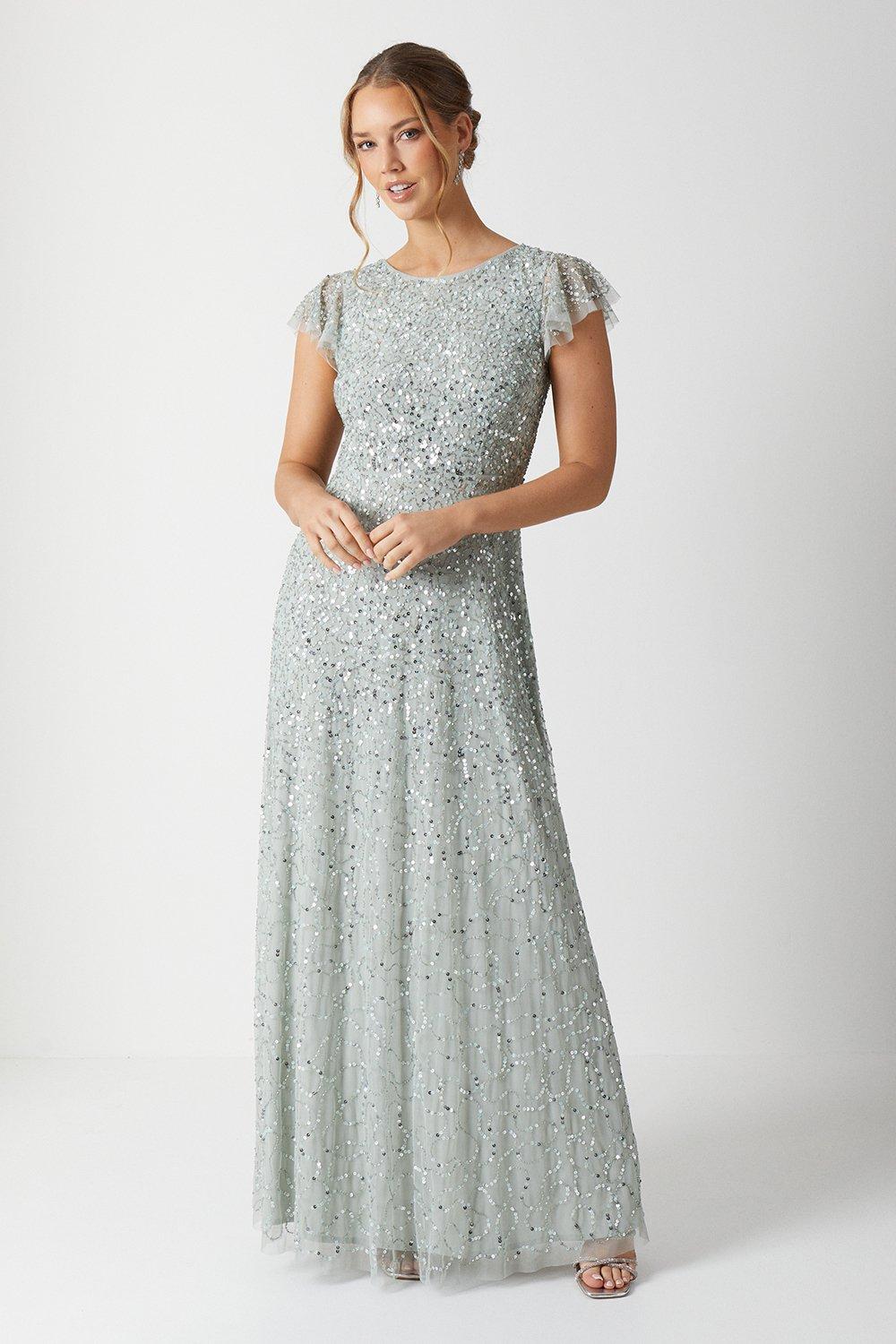 Angel Sleeve All Over Sequin Bridesmaids Maxi Dress - Sage