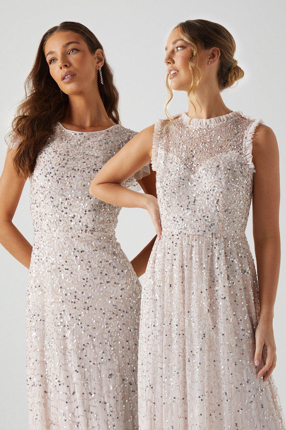 Frill Shoulder All Over Sequin Bridesmaids Maxi Dress - Pink