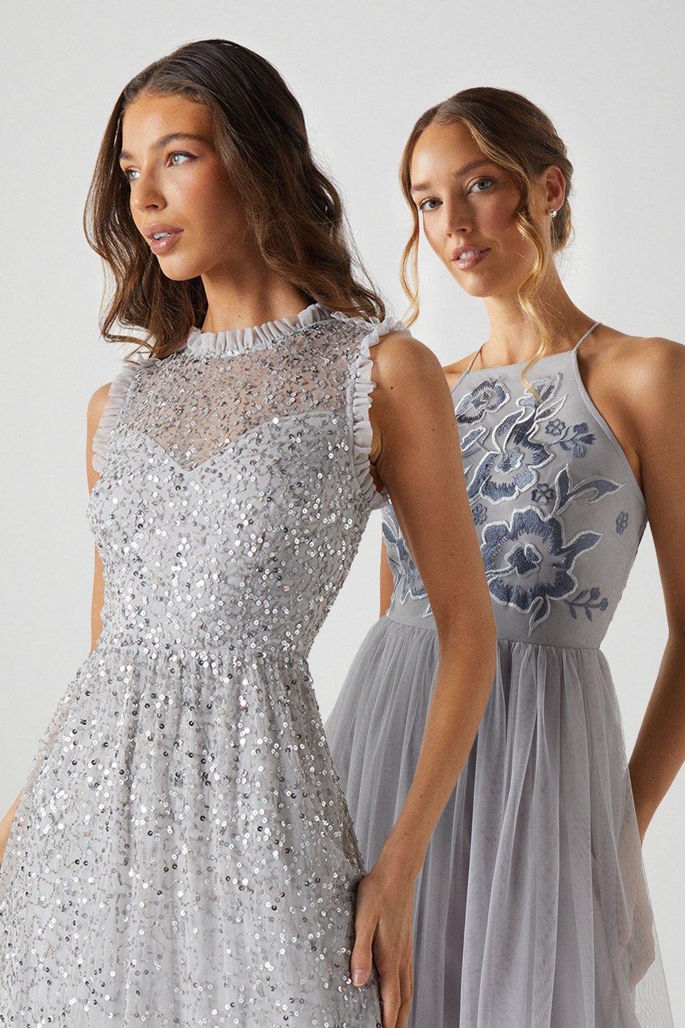 Frill Shoulder All Over Sequin Bridesmaids Maxi Dress - Grey Mist