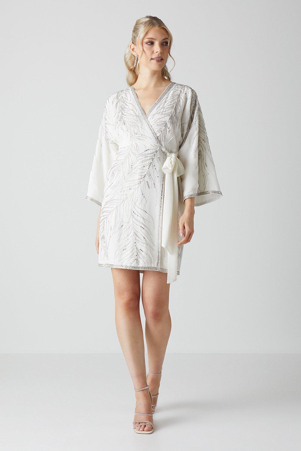 Hand Embellished Kimono Sleeve Wrap Mini Dress - Ivory